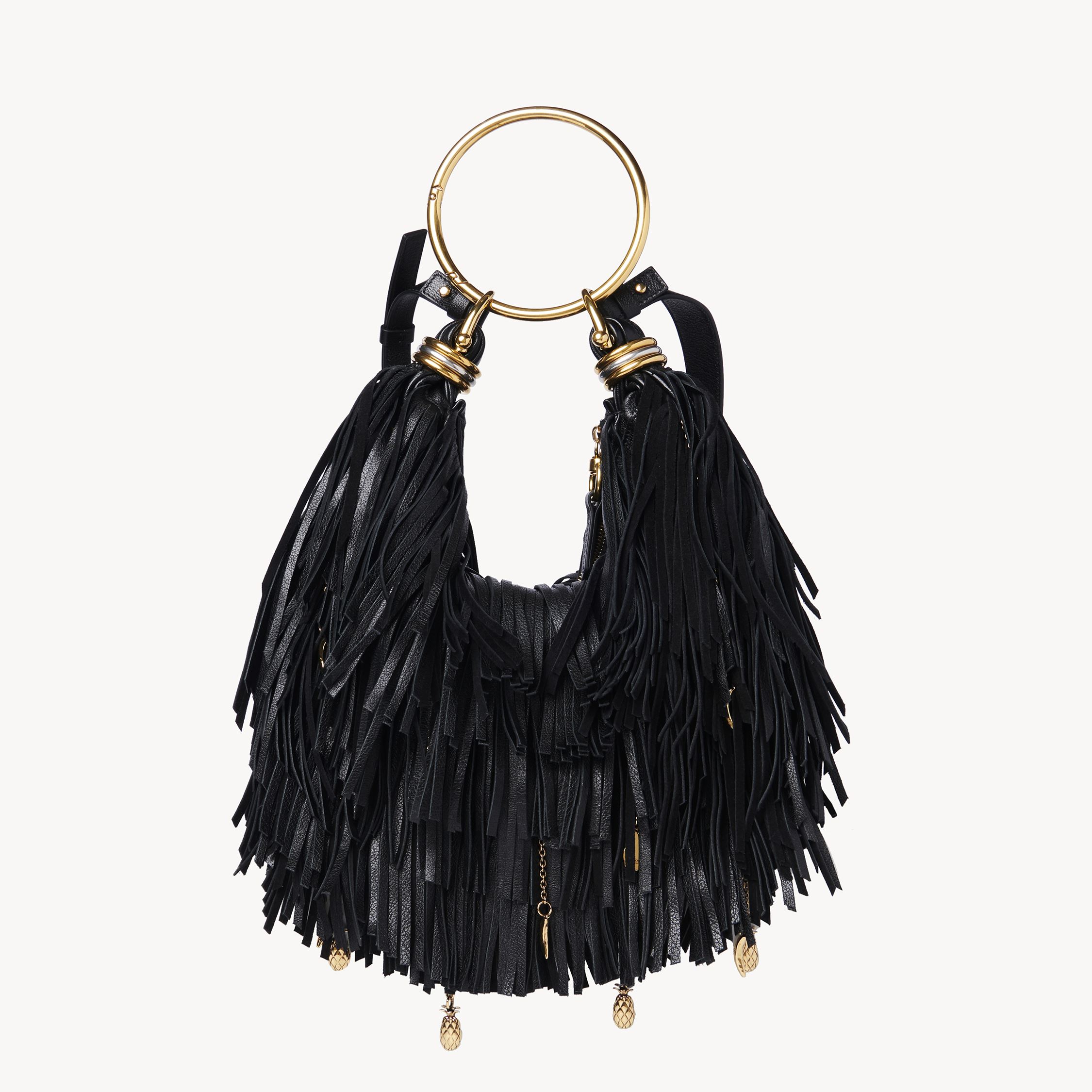 Shop Chloé Small Bracelet Hobo Bag In Fringed Leather Black Size Onesize 100% Bubalus Bubalis, Farmed, Coo Ital