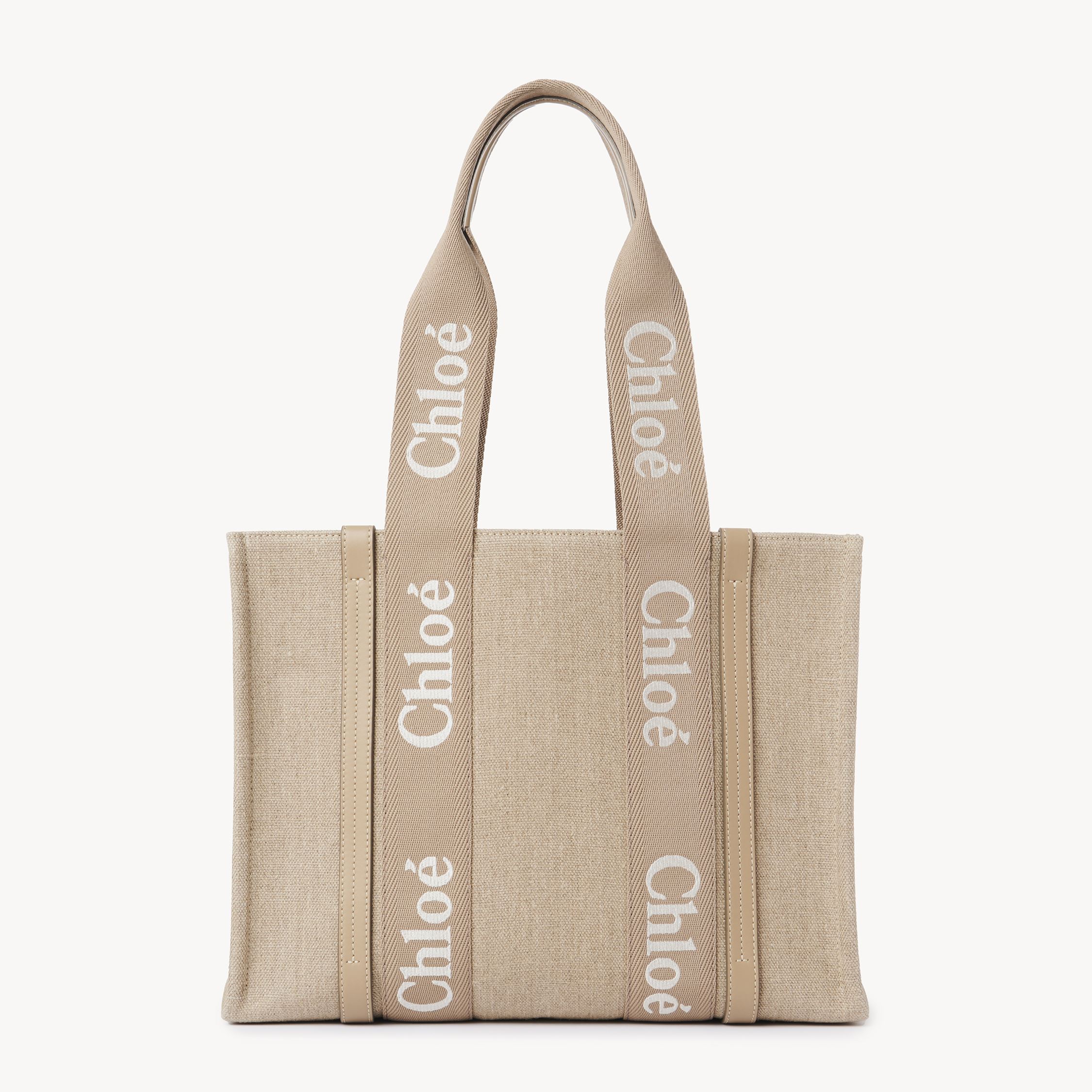 CHLOÉ WOODY TOTE BAG IN LINEN & LEATHER BROWN SIZE ONESIZE 100% LINEN, CALF-SKIN LEATHER 