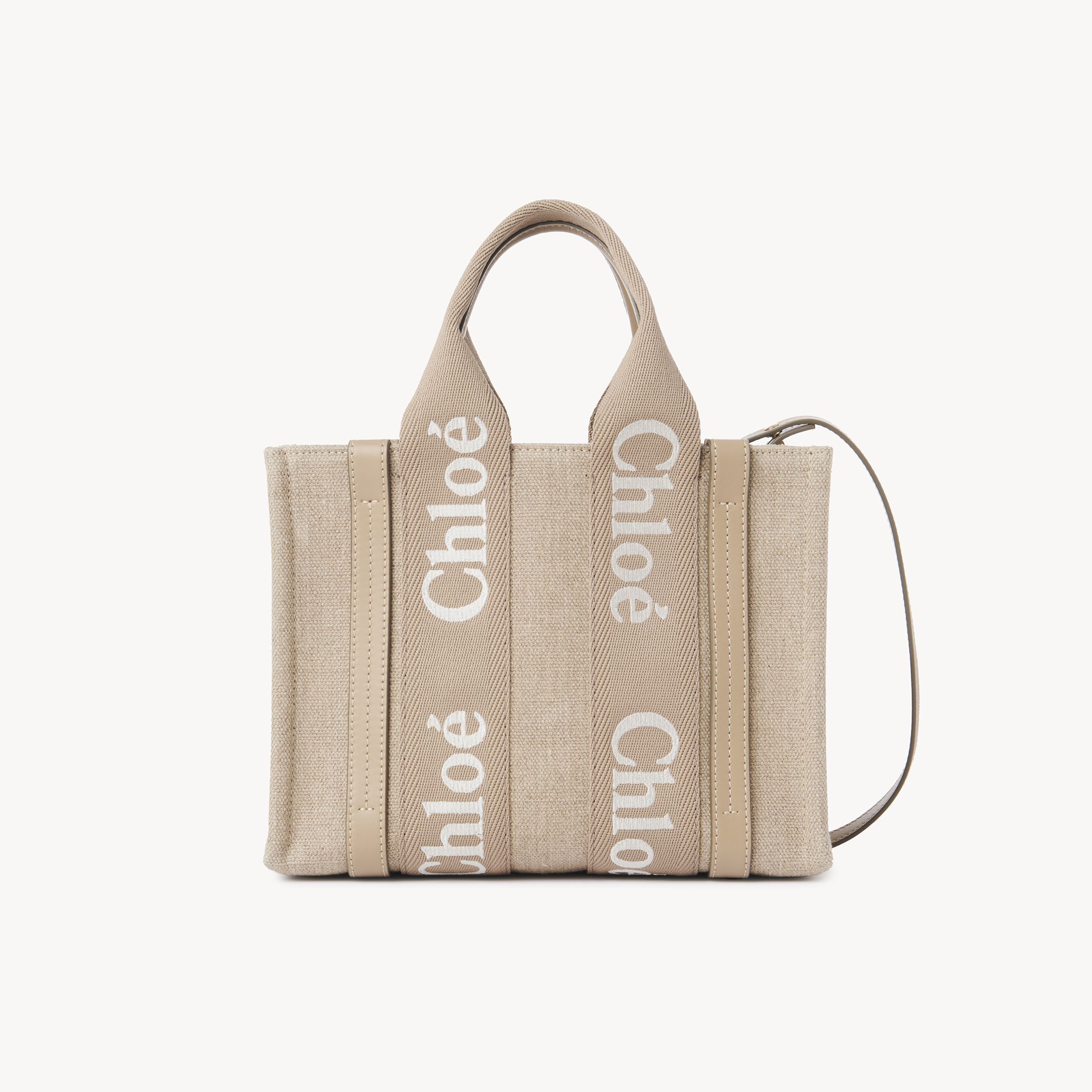 Chloé Petit Sac Cabas Woody En Toile De Lin Femme Brun Taille Onesize 100% Lin, Cuir De Veau In Brown