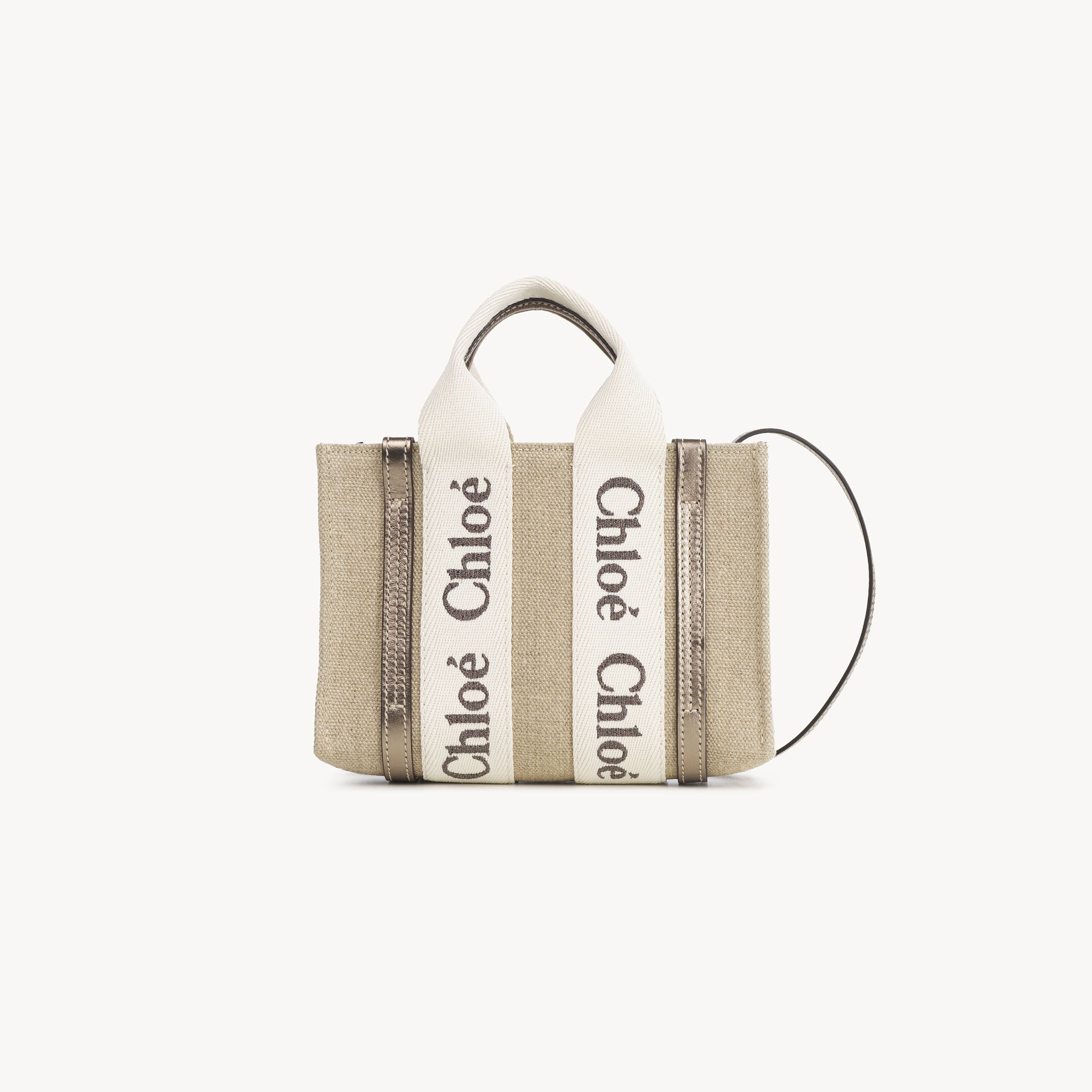 Chloé Mini Sac Cabas Woody En Toile De Lin Femme Gris Taille Onesize 100% Lin, Cuir De Veau In Grey