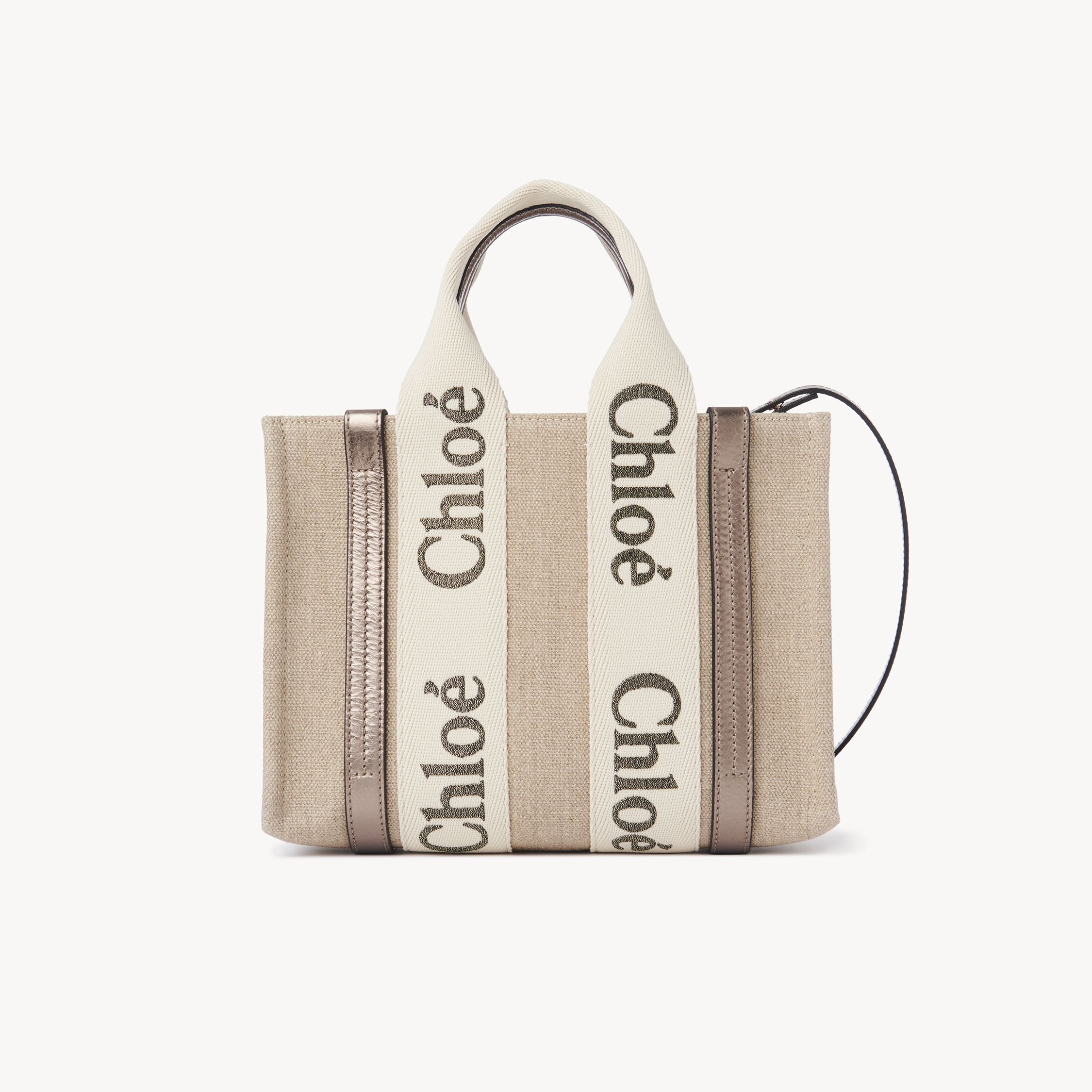 CHLOÉ SMALL WOODY TOTE BAG IN LINEN & LEATHER GREY SIZE ONESIZE 100% LINEN, CALF-SKIN LEATHER 