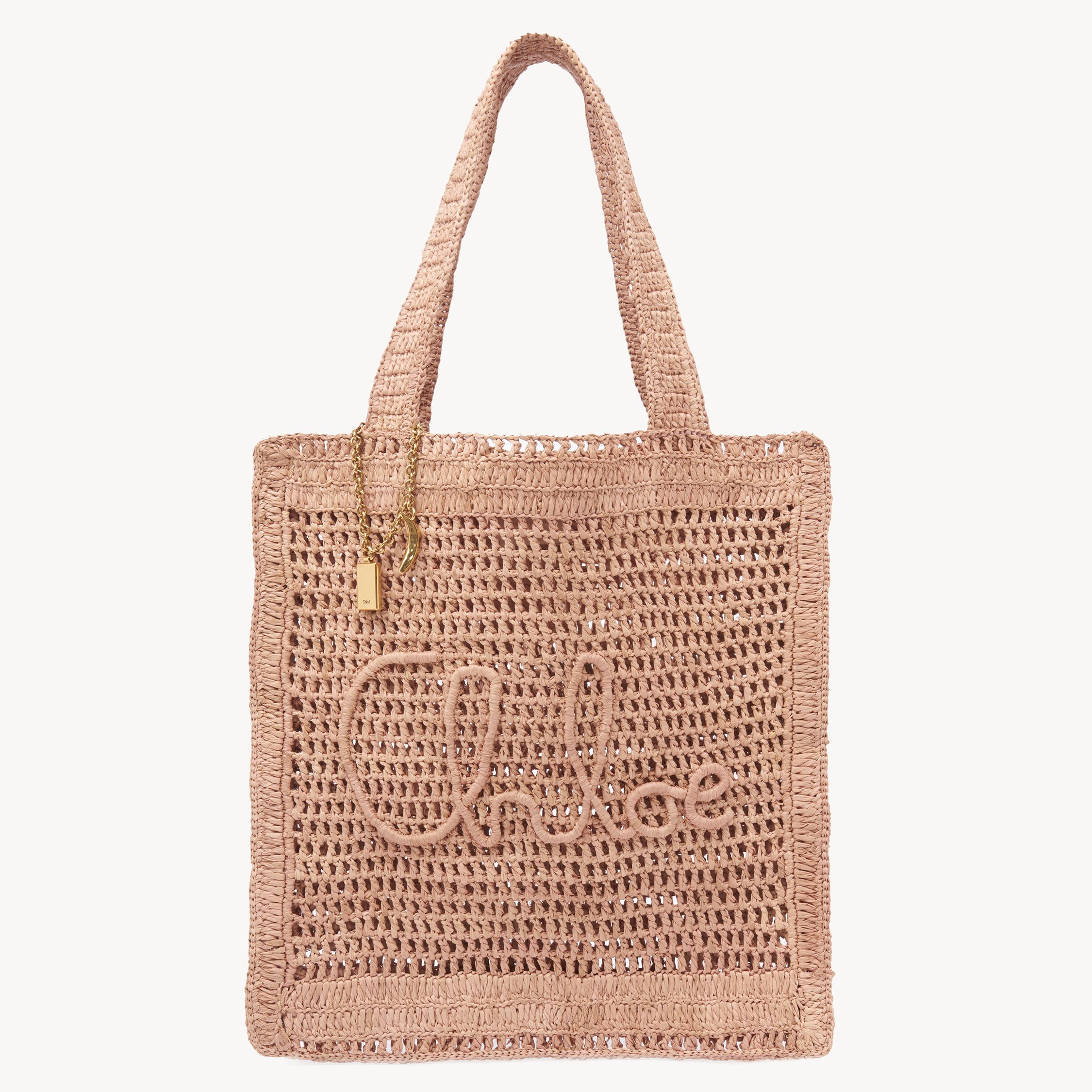 Chloé Summer Banana Embellished Crocheted Embroidered Faux Raffia Tote In Beige