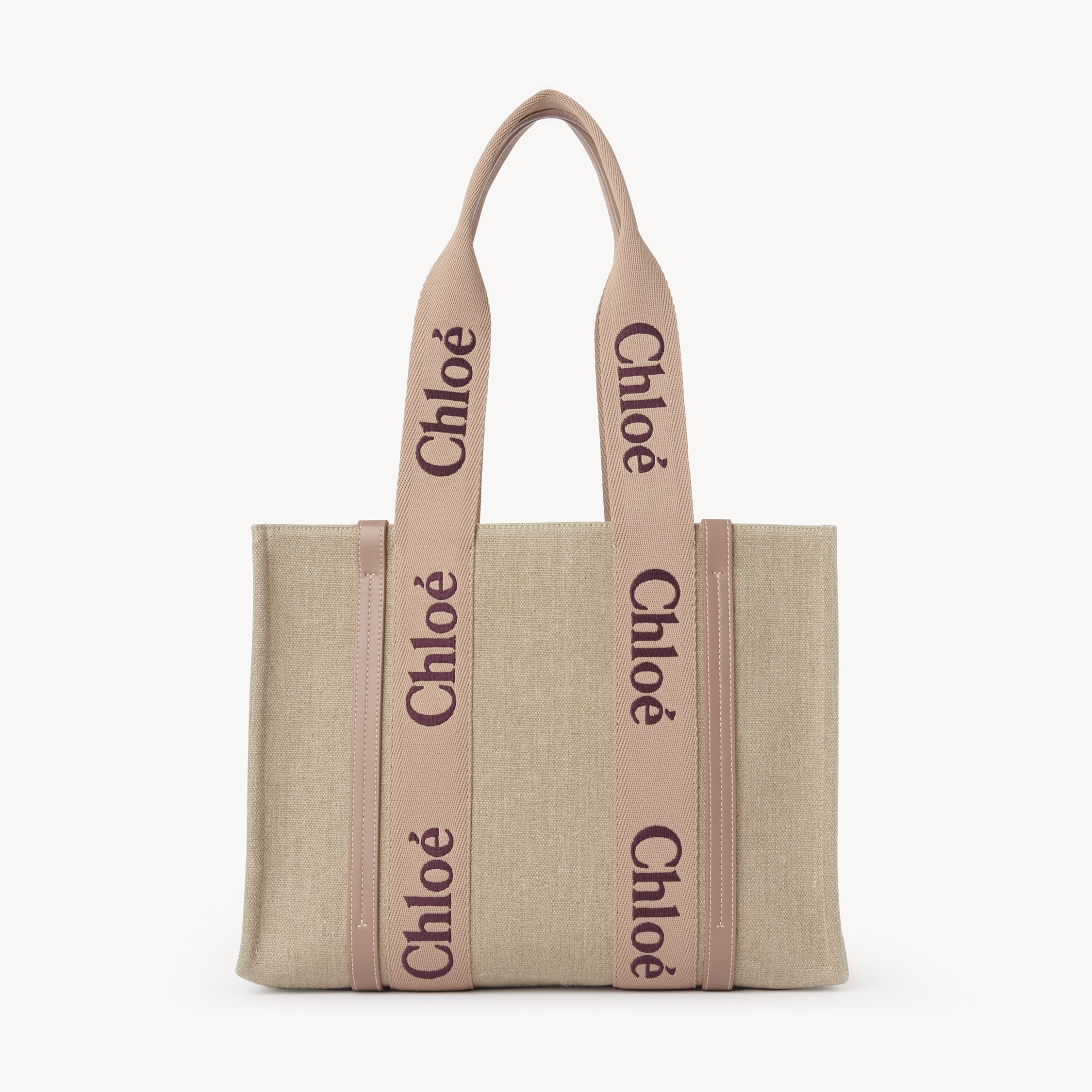 Shop Chloé Woody Tote Bag In Linen Pink Size Onesize 100% Linen, Calf-skin Leather, Polyester