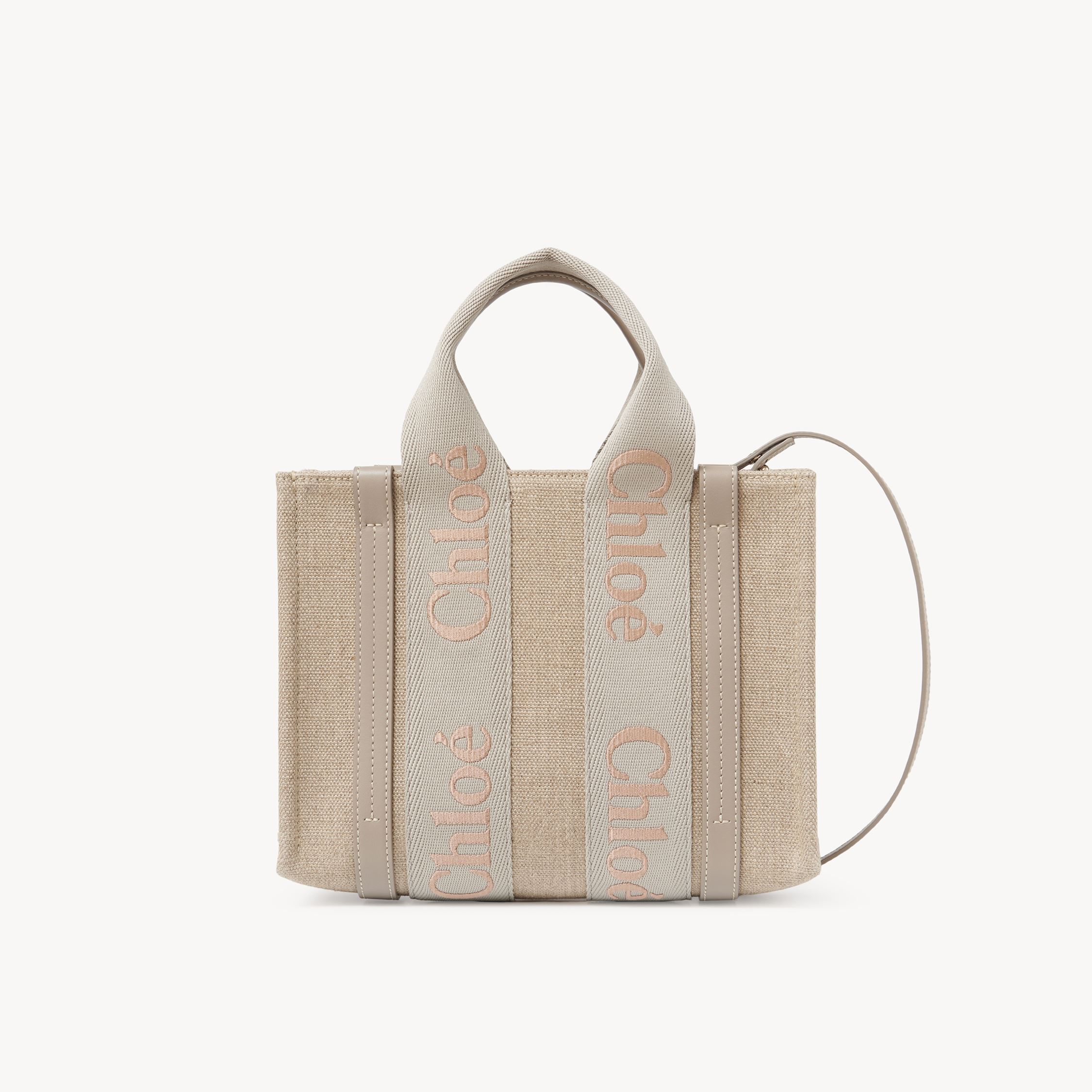 Chloé Small Woody Tote Bag In Linen Green Size Onesize 100% Linen, Calf-skin Leather In Green