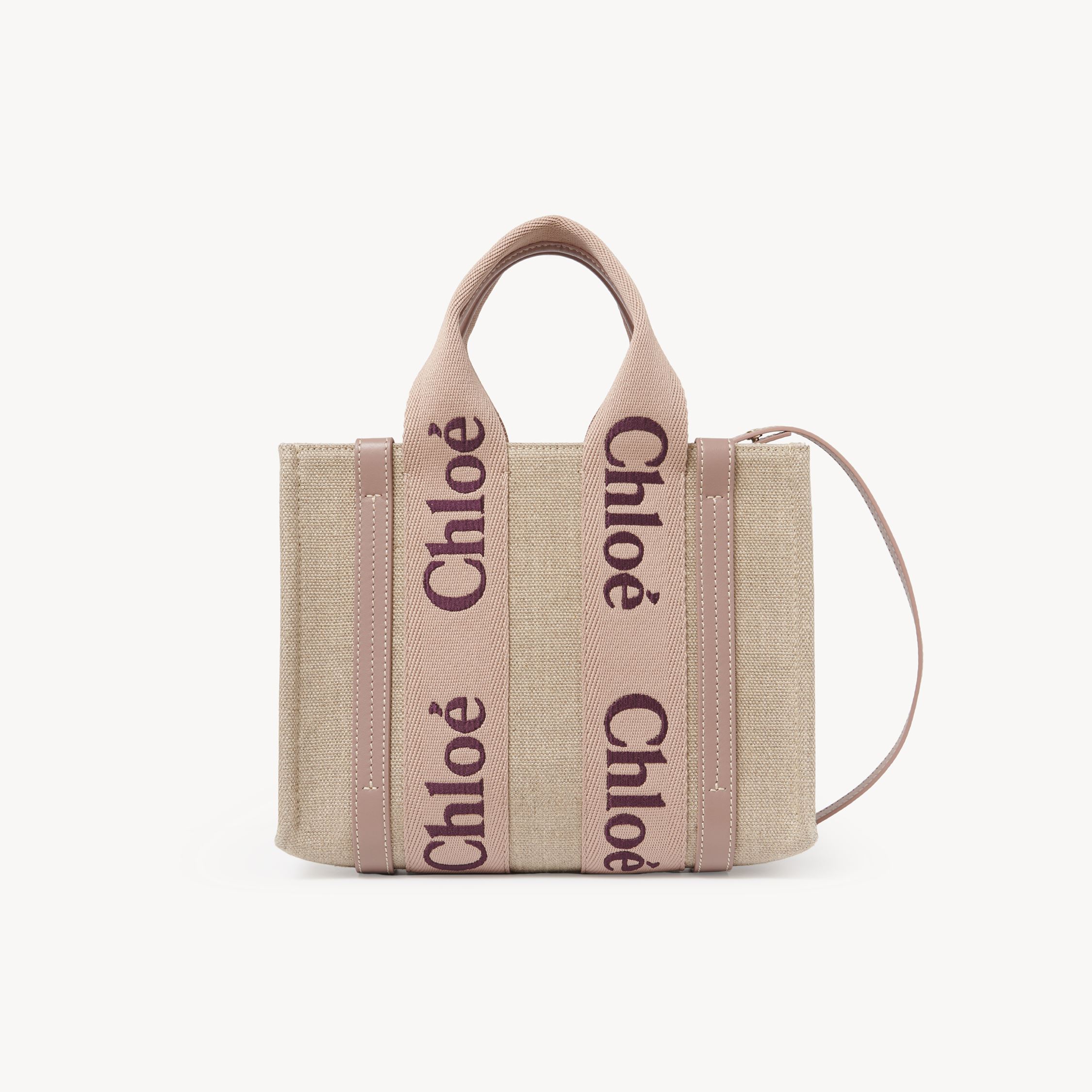 Chloé Small Woody Tote Bag In Linen Pink Size Onesize 100% Linen, Calf-skin Leather In Pink