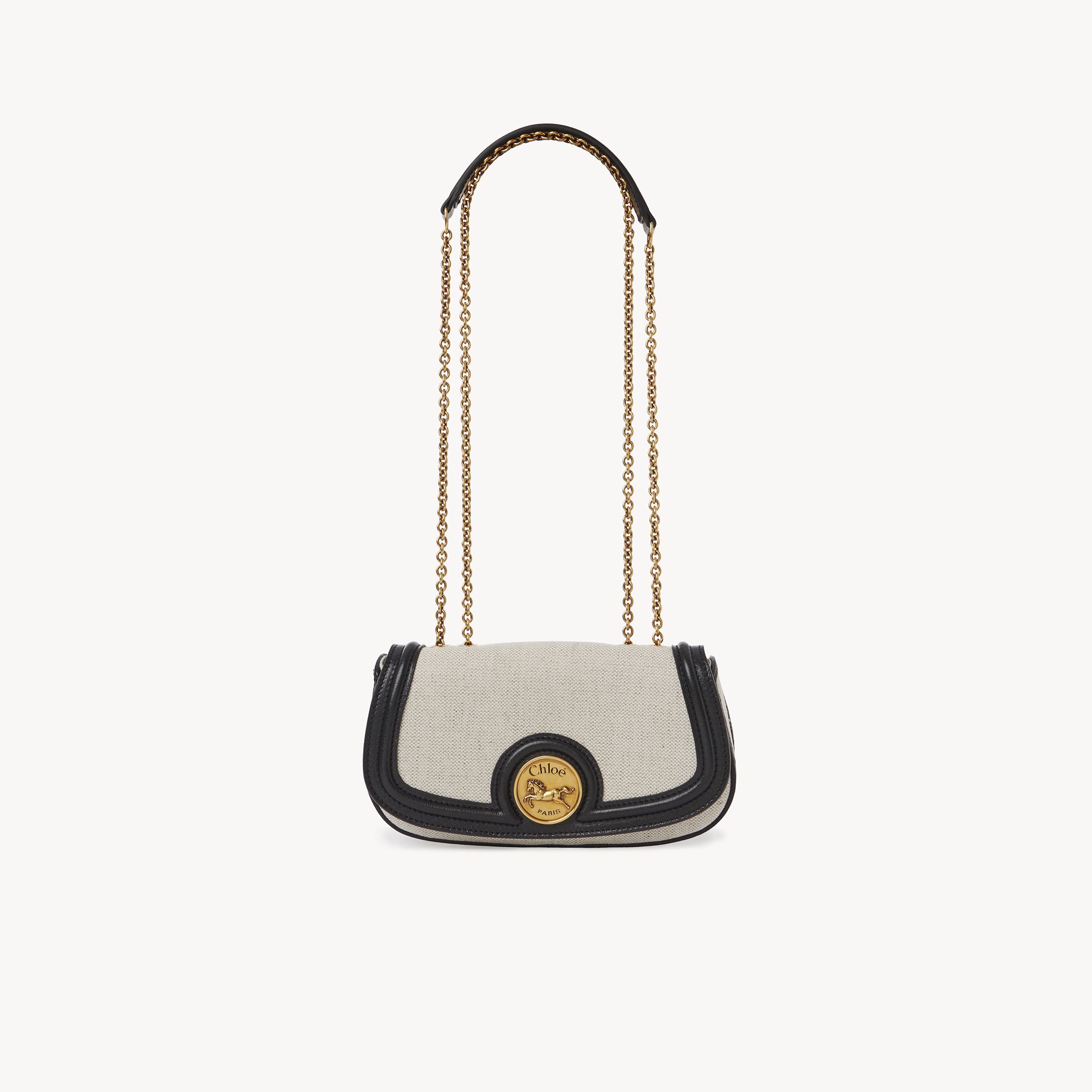 Chloé Horse Medal Crossbody Bag In Canvas & Grained Leather Black Size Onesize 55% Cotton, 45% Linen, Buba