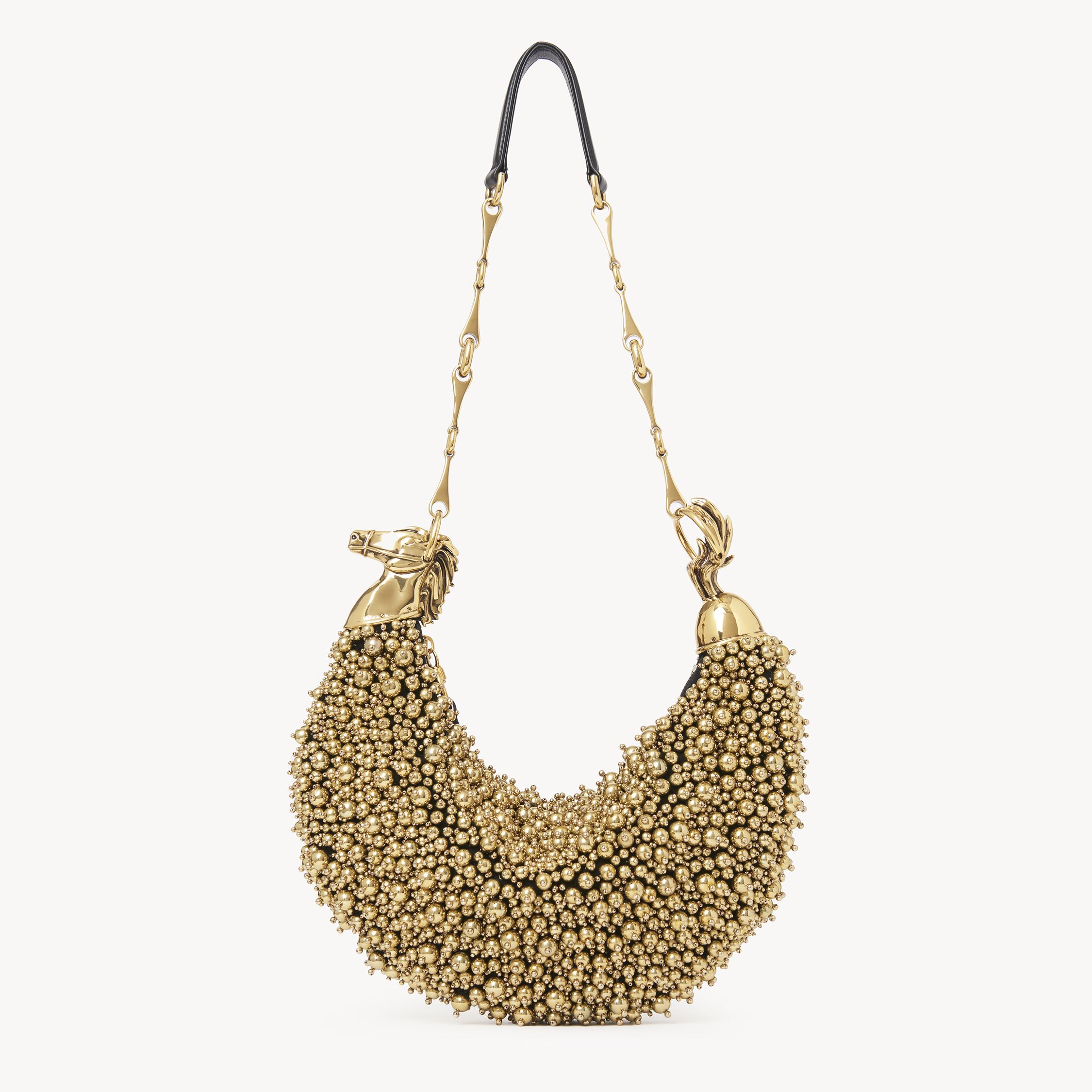 Chloé Chain Horse Shoulder Bag In Beaded Suede Leather Gold Size Onesize 100% Goatskin, Lambskin, Brass, R
