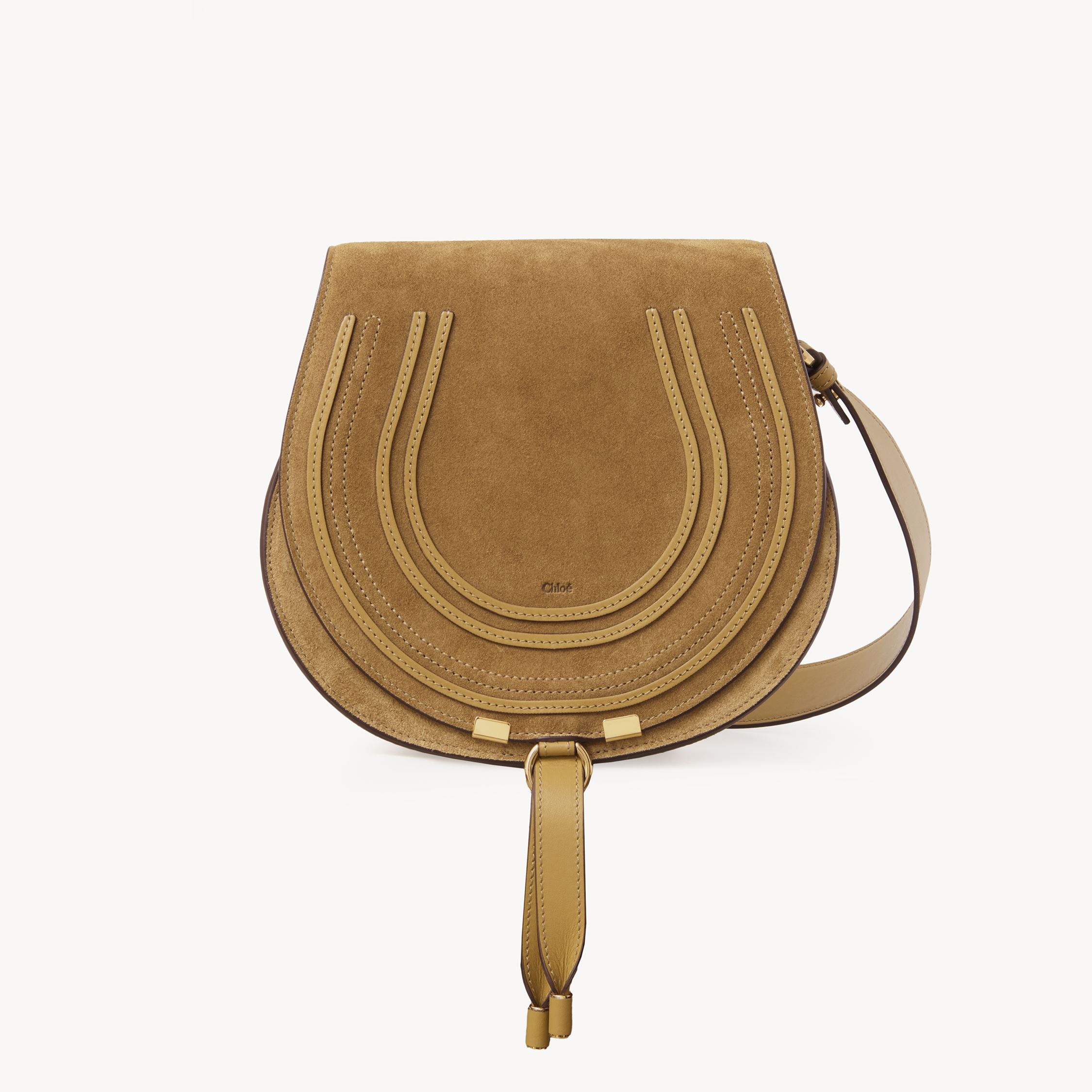 Chloé Marcie Saddle Bag In Suede Leather Gold Size Onesize 100% Calf-skin Leather