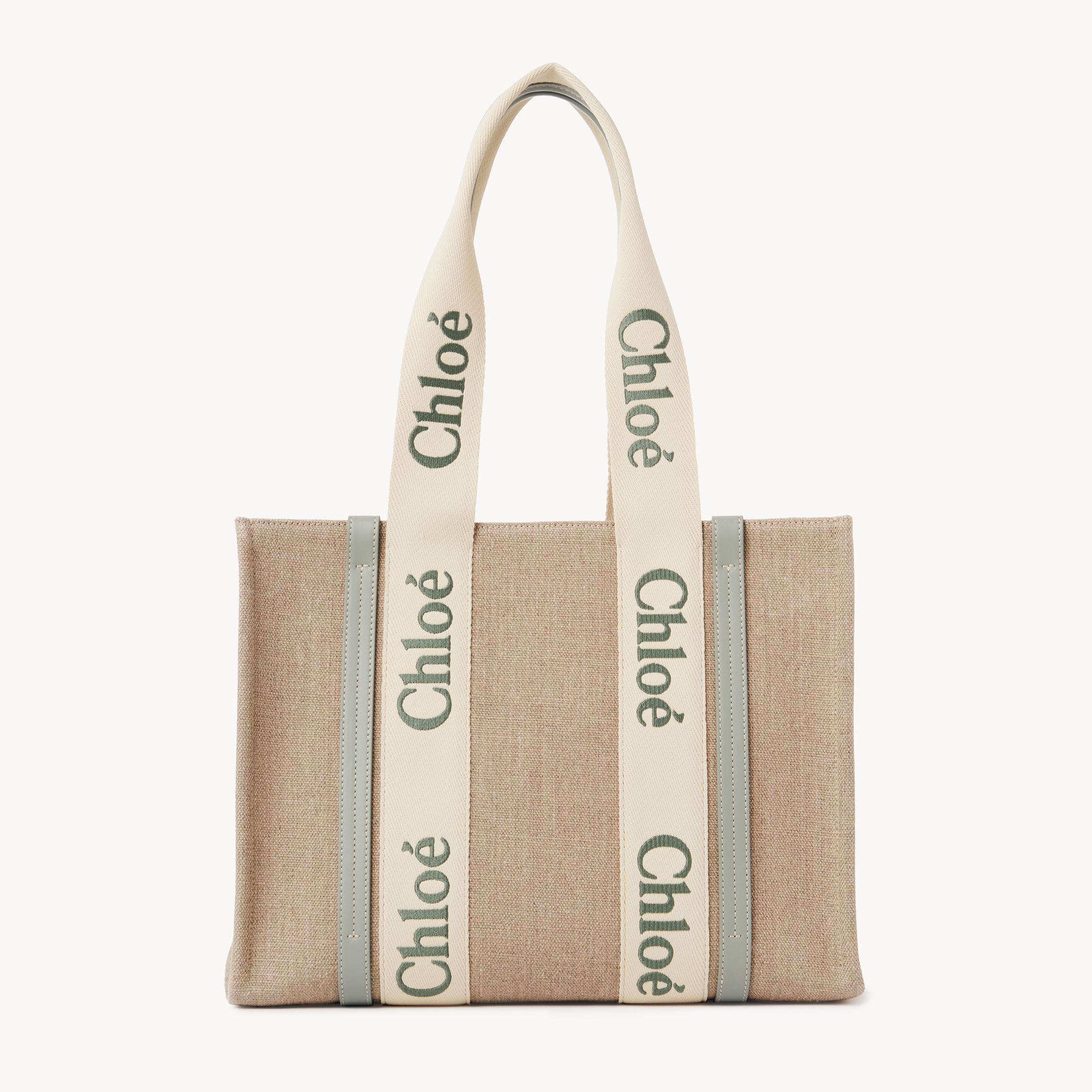CHLOÉ SAC CABAS WOODY EN TOILE DE LIN FEMME VERT TAILLE ONESIZE 100% LIN, CUIR DE VEAU, POLYESTER 
