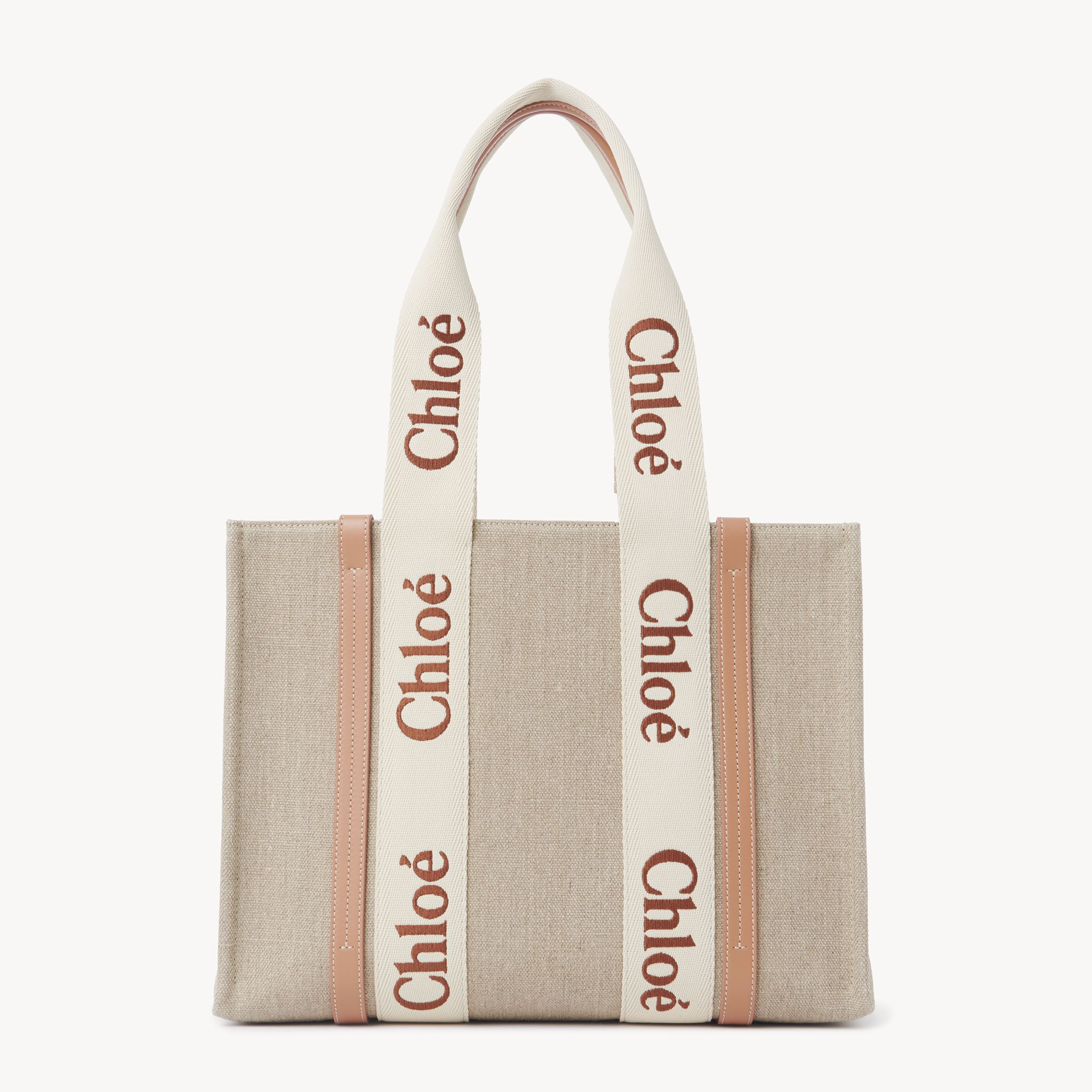 Chloé Woody Tote Bag In Linen Orange Size Onesize 100% Linen, Calf-skin Leather