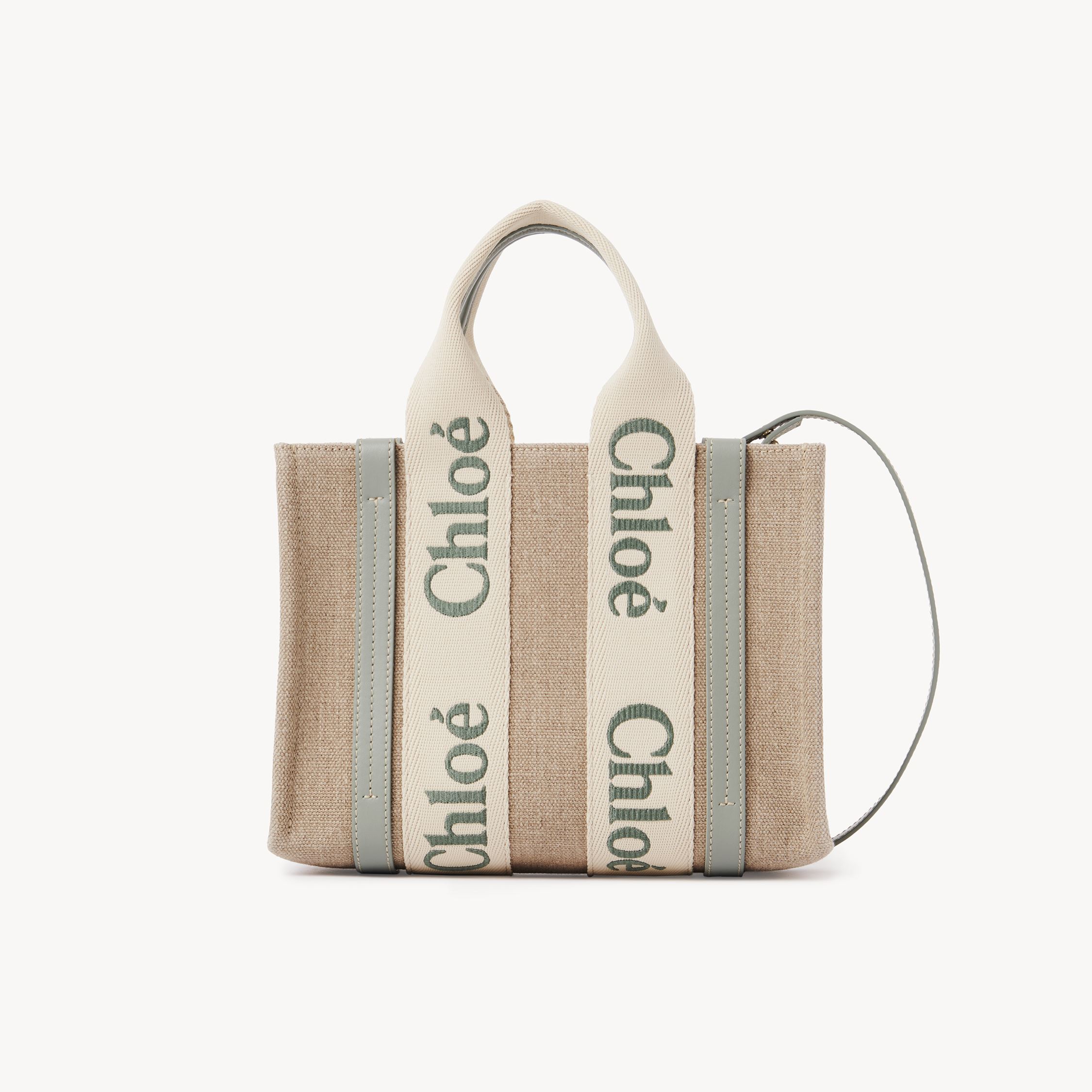 CHLOÉ PETIT SAC CABAS WOODY EN TOILE DE LIN FEMME VERT TAILLE ONESIZE 100% LIN, CUIR DE VEAU 