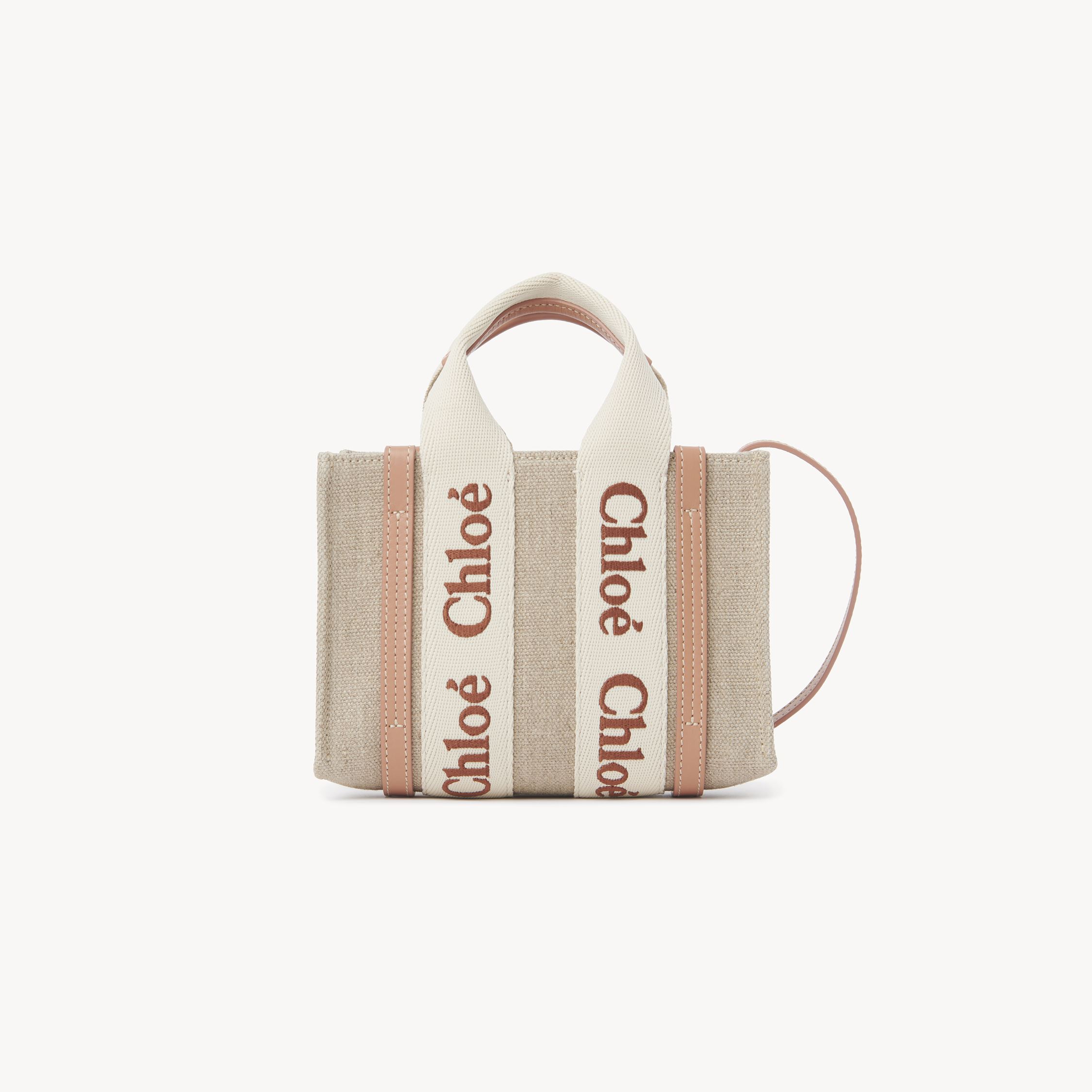 Chloé Mini Woody Tote Bag In Linen & Leather Orange Size Onesize 100% Linen