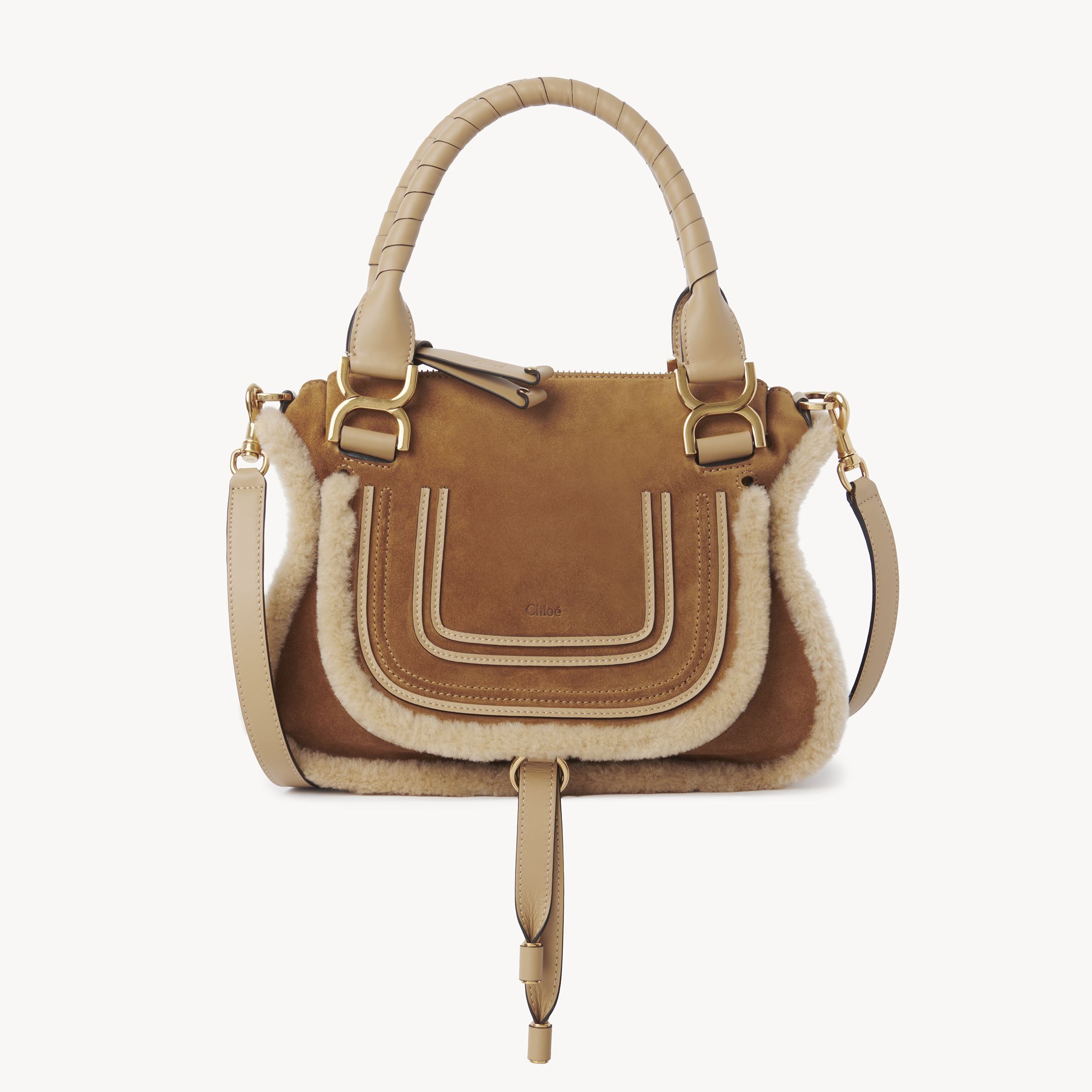 Chloé Small Marcie Bag In Suede Leather & Shearling Beige Size Onesize 100% Calf-skin Leather In Sand