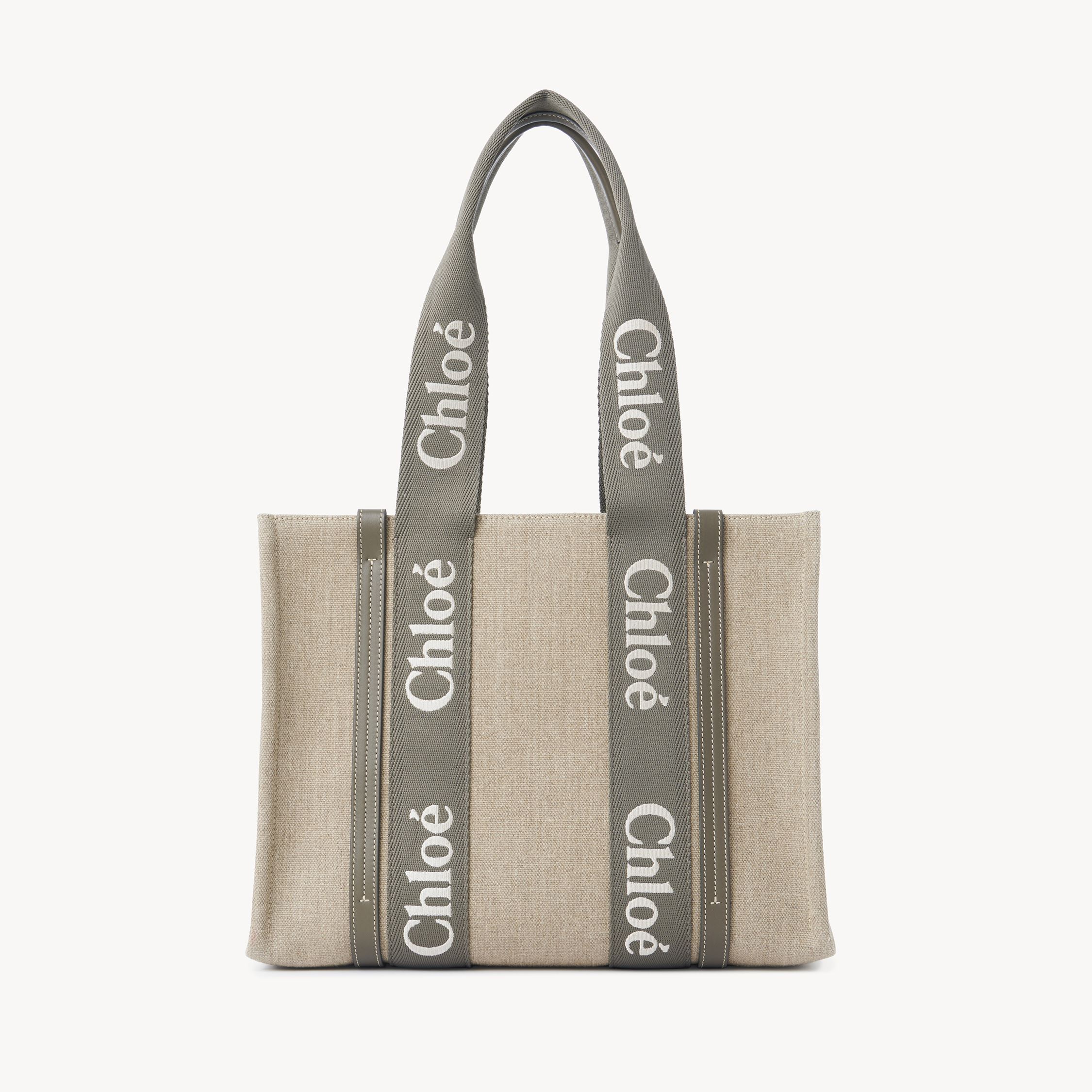 Chloé Woody Tote Bag In Linen Grey Size Onesize 100% Linen In Gray