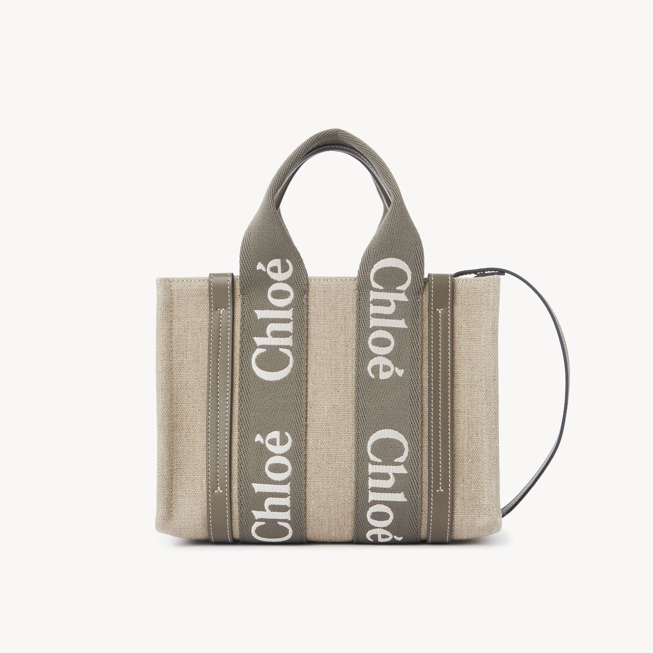 Chloé Small Woody Tote Bag In Linen Grey Size Onesize 100% Linen, Calf-skin Leather In Gray