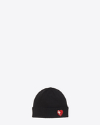 SAINT LAURENT Hats D Knit Hat with Lightening Bolt Heart Patch in Black and Red Wool f