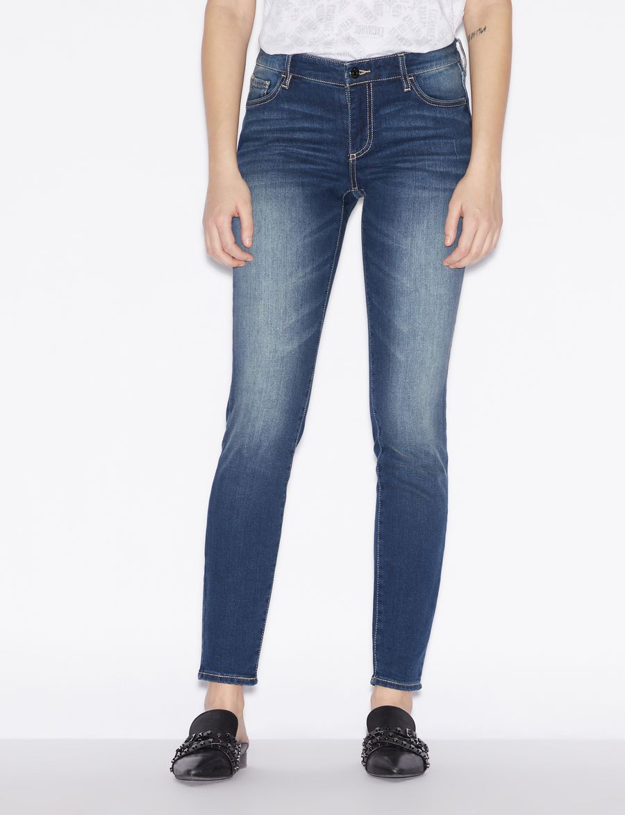 Armani Exchange Women's Jeans & Denim | A|X Store ARMANI EXCHANGE DARK-WASH DISTRESSED SUPER-SKINNY JEANS Woman front