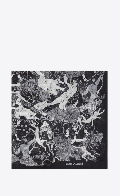 SAINT LAURENT Squared Scarves Man Bandanna with Ancient Greece print in black and gray cotton voile a_V4