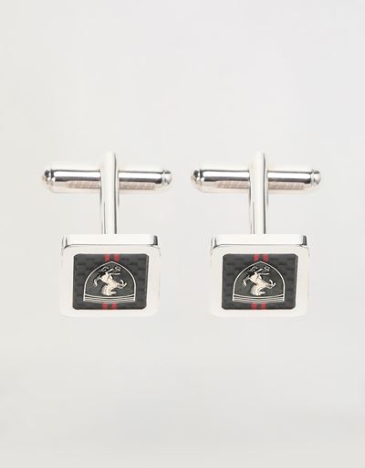 Scuderia Ferrari Online Store - Men's silver cufflinks with relief engraved Ferrari Shield - Cufflinks
