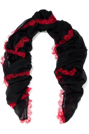 VALENTINO LACE-TRIMMED MODAL AND CASHMERE-BLEND SCARF,3074457345618857609