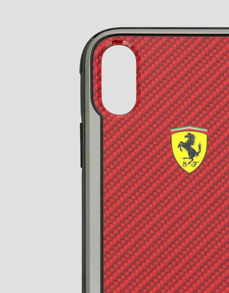 Cover rigida rossa effetto fibra di carbonio per iPhone XR Ferrari