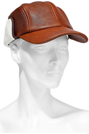 Rag & Bone Faux Shearling-paneled Cracked-leather Cap In Chocolate