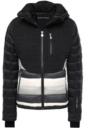 Perfect Moment Matelassé And Quilted Striped Shell Hooded Down Jacket In Black