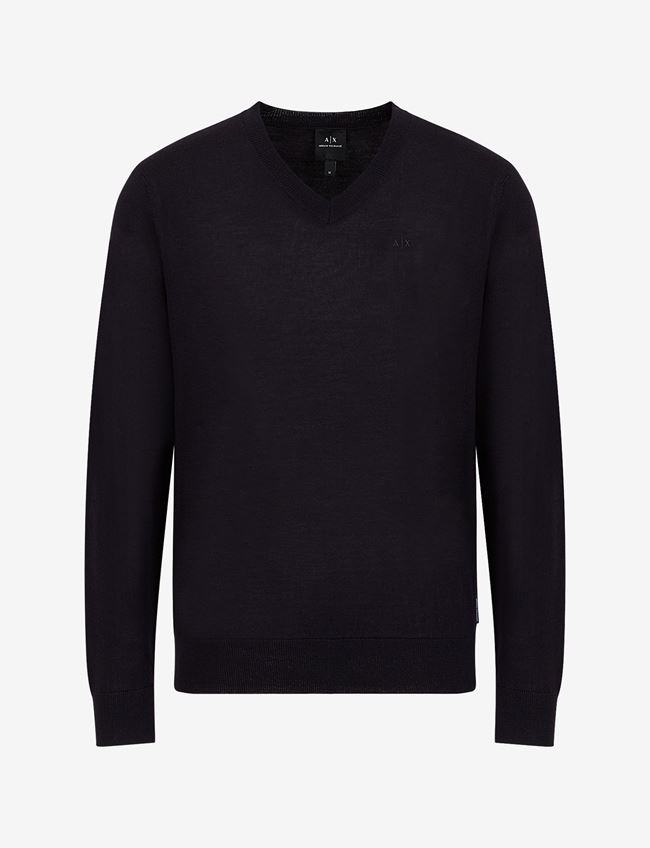 Armani Exchange Maglia Con Scollo A V Blu Navy Lana Vergine