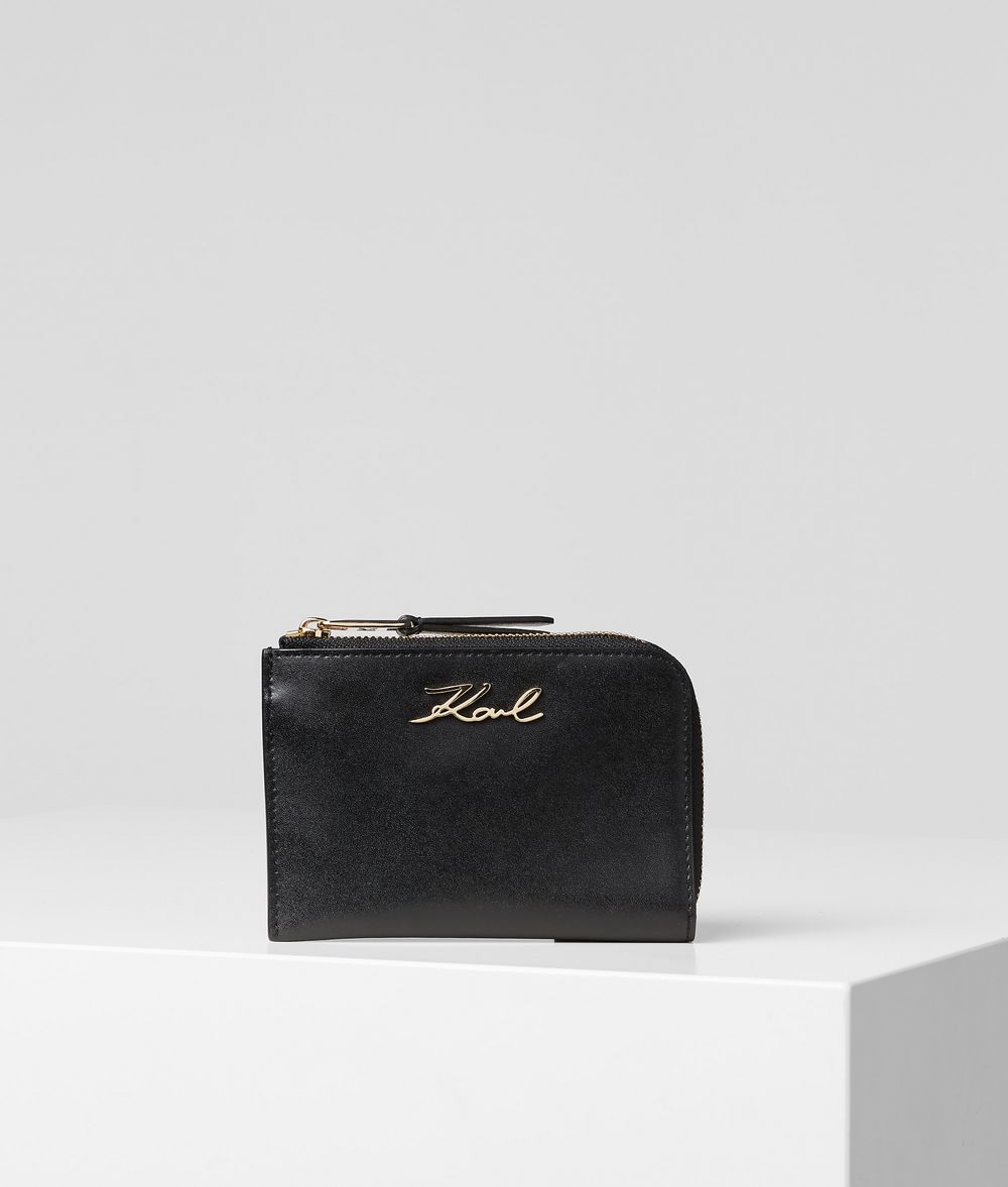 Karl Lagerfeld Damen K/signature Kartenetui Mit Reißverschluss Schwarz 100% Kalbsleder, Größe: OneSize