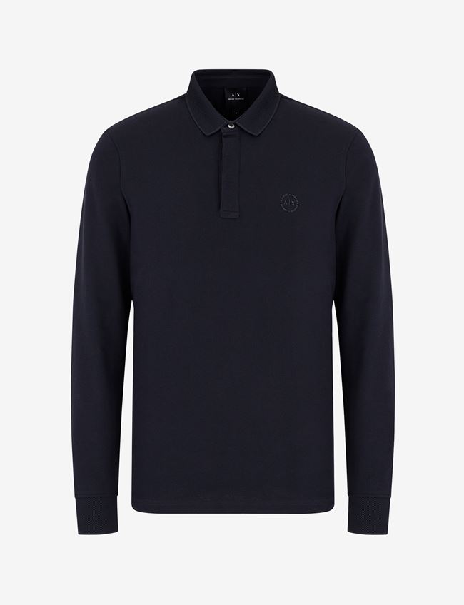 Armani Exchange Polo A Maniche Lunghe Blu Navy Cotone, Elastan