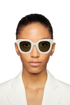 Gucci Oversized D-frame Embellished Marbled Acetate Sunglasses In Ivory