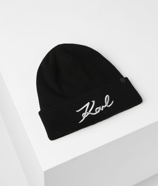 Karl Lagerfeld Donna K/signature Berretto Nero 35% Cotone, 27% Poliammide, 27% Viscosa, 7% Lana, 4% Cachemire, Taglia: OneSize
