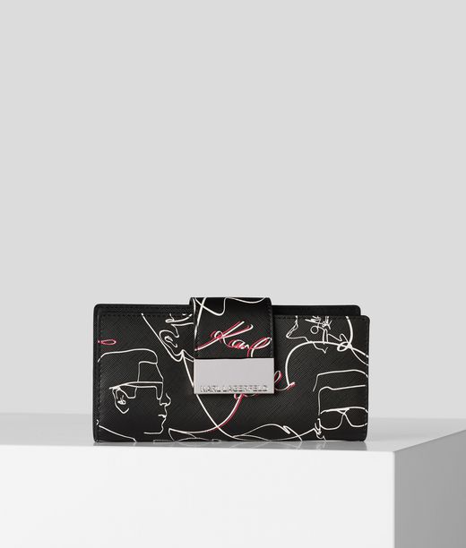 Karl Lagerfeld Donna K/mau Printed Large Zip Wallet Bianco E Nero 100% Poliuretano, Taglia: OneSize