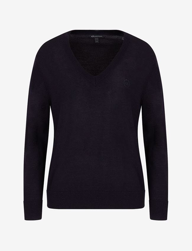 Armani Exchange Maglia Con Scollo A V Blu Navy Lana Vergine