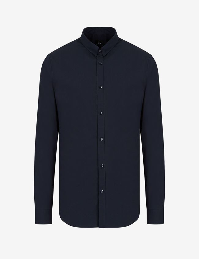 Armani Exchange Camicia A Tinta Unita Blu Navy Cotone, Poliammide, Elastan