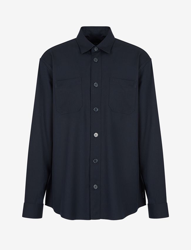 Armani Exchange Camicia A Tinta Unita Blu Navy Poliestere, Viscosa, Lana, Elastan