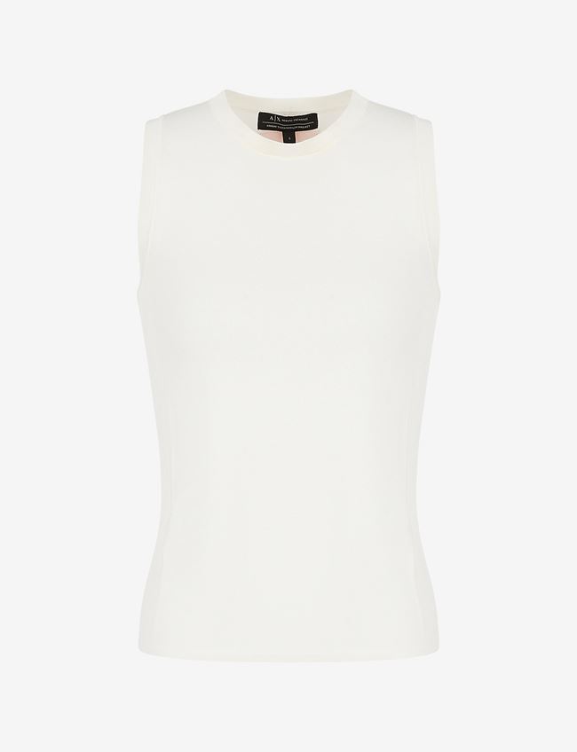 Armani Exchange Top A Tinta Unita Avorio Viscosa, Poliammide