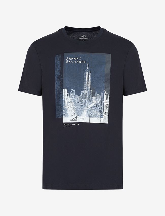 Armani Exchange T-Shirt Con Stampa Blu Navy Cotone