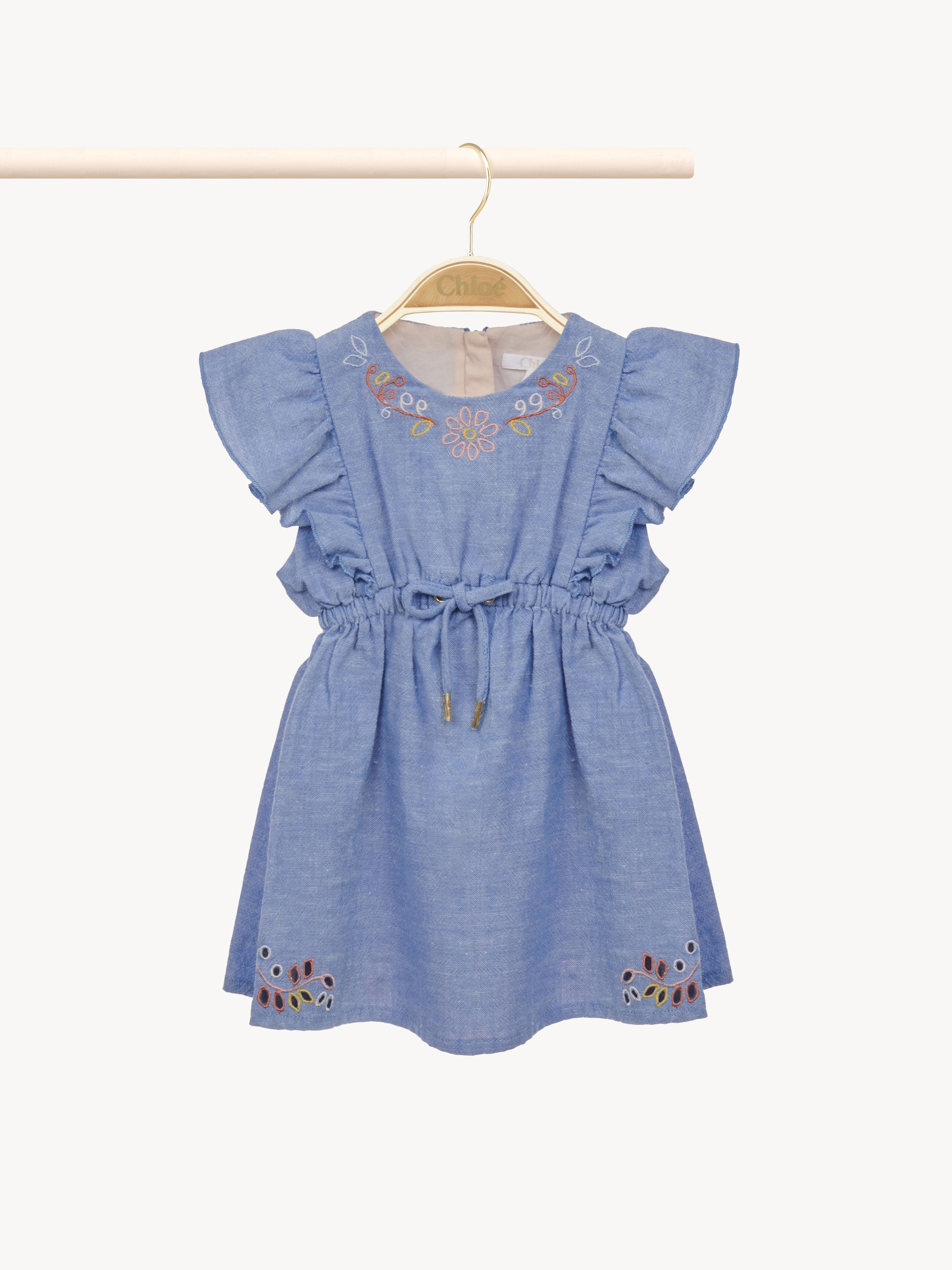 Chloé Embroidered Dress & Hat Blue Size 21-24 100% Cotton
