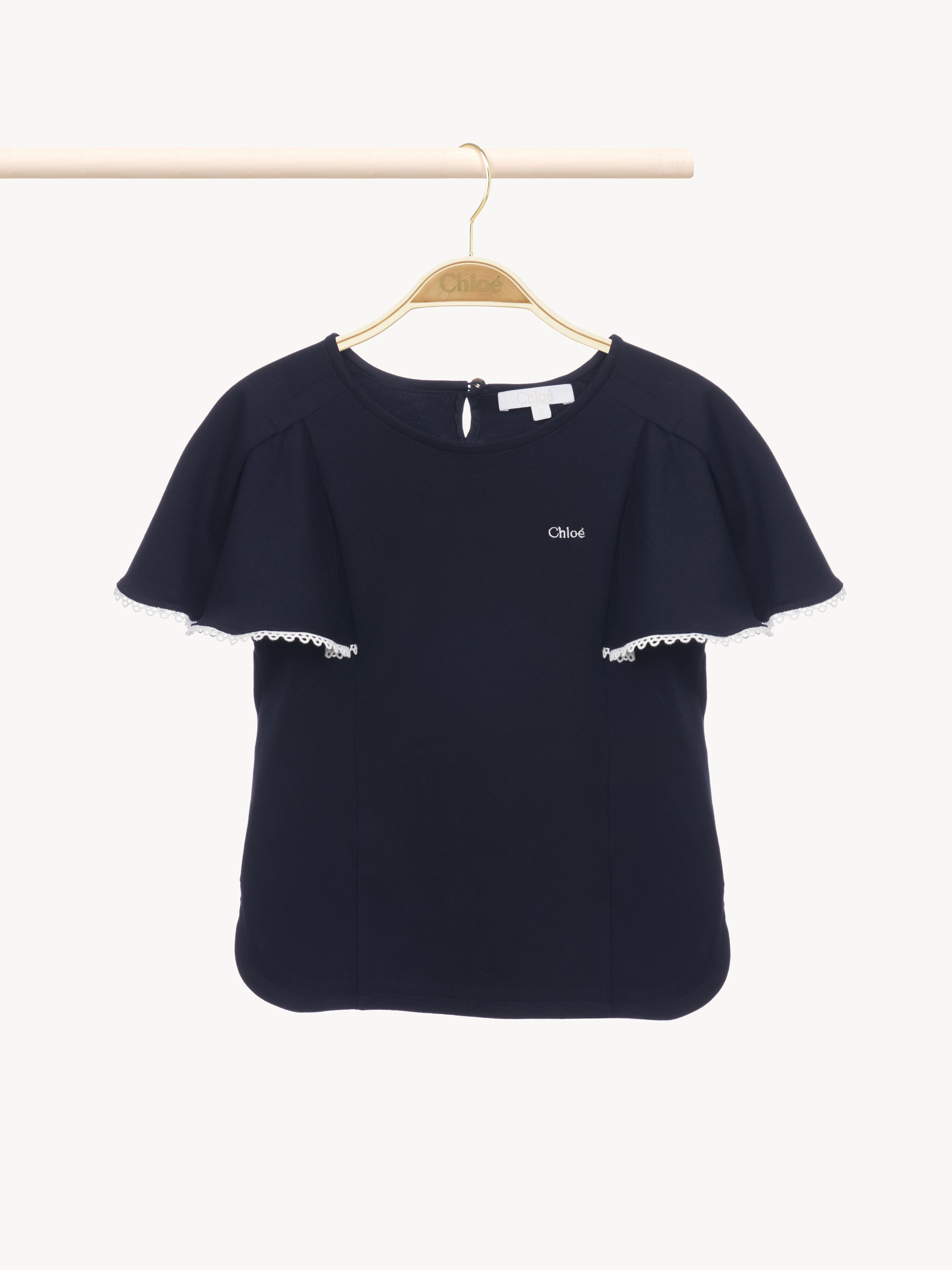 Chloé Guipure-trim T-shirt Blue Size 8 100% Cotton