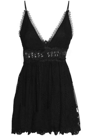 ZIMMERMANN ZIMMERMANN WOMAN GUIPURE LACE-TRIMMED EMBROIDERED SILK-GAUZE PLAYSUIT BLACK,3074457345618846718