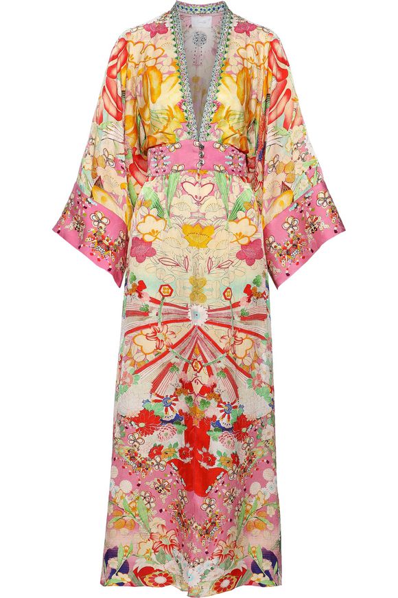 Kimono Kisses crystal-embellished printed silk-jacquard kimono ...