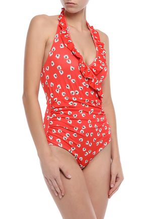 GANNI COLUMBINE WRAP-EFFECT FLORAL-PRINT HALTERNECK SWIMSUIT,3074457345621196236