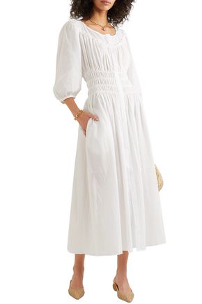 Three Graces London Arabella Shirred Cotton-gauze Midi Dress In White