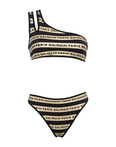 Balmain Rubberized Logo One Shoulder Bikini In Black,gold