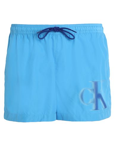 Shop Calvin Klein Man Swim Trunks Azure Size S Polyester In Blue