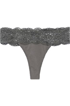 COSABELLA WOMAN SONIA LACE-TRIMMED COTTON-BLEND MID-RISE THONG GRAY,US 7789028782466615
