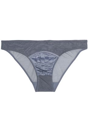 STELLA MCCARTNEY WOMAN CHERIE SNEEZING SATIN-TRIMMED MESH LOW-RISE BRIEFS ANTHRACITE,US 2526016082904291