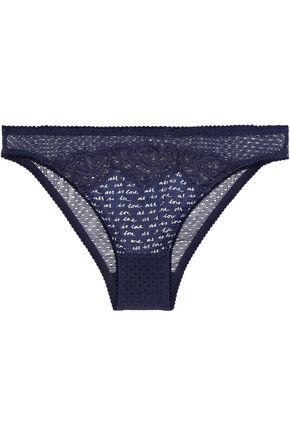 Stella Mccartney Woman Ellie Printed Stretch-silk Satin And Corded Lace Low-rise Briefs Navy