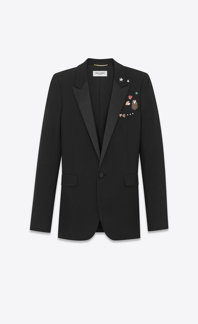 SAINT LAURENT Giacca Smoking D Giacca Iconic LE SMOKING monopetto Pins Tube nera in gabardine a_V4